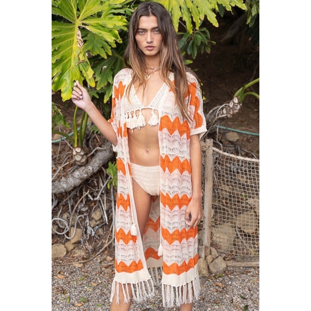 POL Cream & Orange Striped Crochet Cardigan with Fringe - Picture 4 of 8
